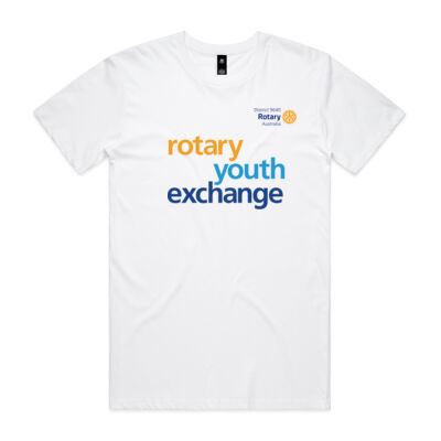 Men's White AS COLOUR Staple Tee with large Rotary Youth Exchange logo on front and D9640 icon on back Thumbnail